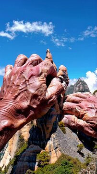 Main g&eacute;ante sculptant une montagne