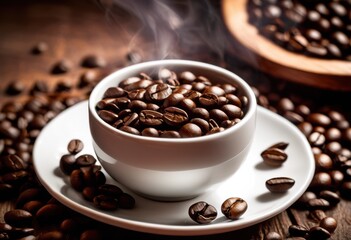 close vibrant coffee beans steaming cup creating inviting coffee scene, aroma, beverage, energy, cafe, rustic, coffeehouse, dark, roast, grounds