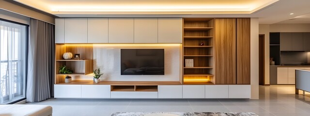 Fototapeta premium A simple, modern living room with light wood cabinets, white walls, and an LED TV mounted on the wall above them
