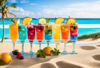 vibrant iced cocktail shots colorful glasses refreshing ingredients eye catching presentation, beverage, drink, party, fruit, garnish, mix, lime, lemon, mint