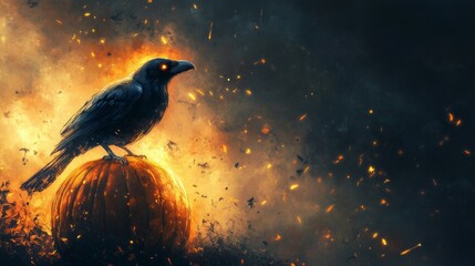 A crow perches atop a glowing pumpkin.