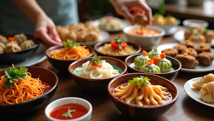 Fototapeta premium Person placing food into bowls. Variety of oriental dishes, bowls and saucers. Carrots on a plate, spoon in hand. 