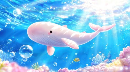 Cute pink whale swimming in clear blue water with bubbles and vibrant coral.