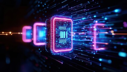 Obraz premium Futuristic data flow with glowing processors and neon lights against a dark background.
