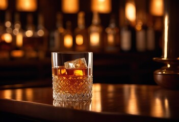 elegant whiskey glass bathed warm amber emphasizing sophisticated ambiance refined intimacy, alcoholic, beverage, drink, luxury, spirits, chic, barware