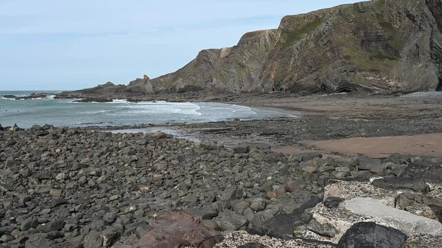 Hartland quay beach view at low tide in October