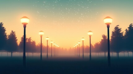 Fototapeta premium 1980s-inspired dreamscape of a city park at dusk, sparkle stars twinkling in the sky, gentle fog, and glowing street lamps casting soft retro light