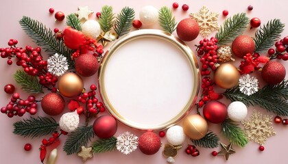 Festive round border adorned with Christmas decorations for seasonal celebrations and greetings. Generative AI