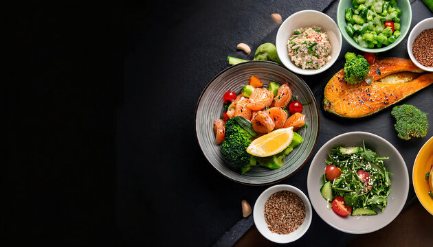 Healthy food dietry eating selection on black background. Balanced diet. copy space for your design