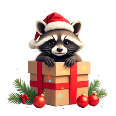 Funny Christmas Raccoon clipart PNG transparent background. Perfect for print item like t-shirts, pillows, mugs, hoodies, canvas, greeting cards,  thank you cards, birthday invitation cards etc.
