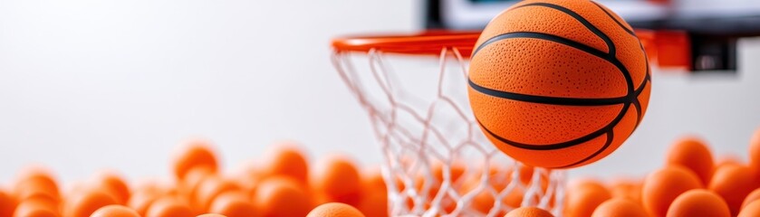 Fototapeta premium A dynamic basketball shot with orange balls surrounding the hoop, capturing the spirit and excitement of the game.