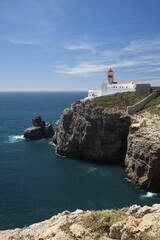 Lighthouse at steep coast, Cabo de Sao Vicente, Cape Sankt Vinzenz, southwest point of Europe, Algarve, Portugal, Europe