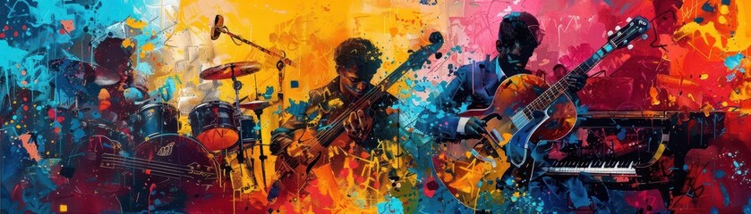 Fototapeta premium Musicians and artists with creative tools, vibrant and expressive, Urban, Bright hues, Photograph, Artistic expression