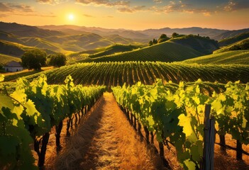 Naklejka premium stunning vineyard landscape sunset featuring lush grapes golden sunlight casting warm hues across scenic hills, aesthetic, agriculture, autumn, beauty