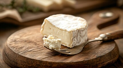 Close up of a piece of creamy brie cheese on a fork, with a rustic wooden cheese board as the background