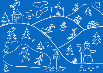 Naive illustration, children drawing, winter sports