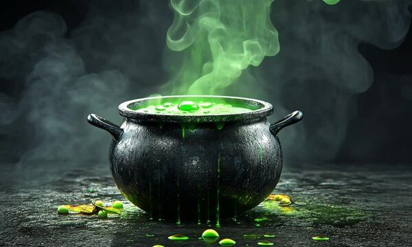 A steaming cauldron filled with green liquid and dripping onto a dark surface