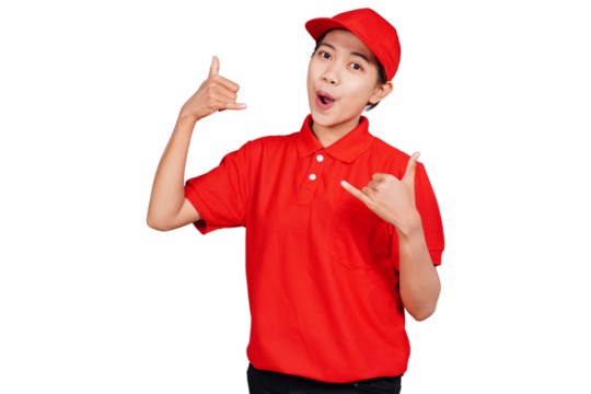 Smiling asian delivery courier woman showing call me hand sign gesture isolated transparent