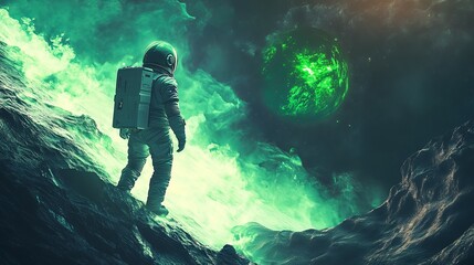 Obraz premium Astronaut gazing at a glowing green planet.