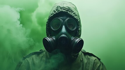 Gas-masked soldier standing amidst destroyed city, toxic green fog spreading, Biological warfare, dystopian future
