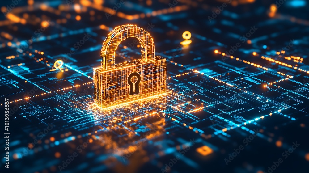 Poster A glowing padlock sits on a digital circuit board, representing data security and protection in the modern digital world.