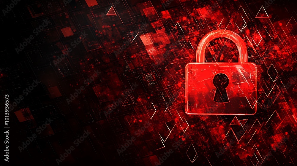 Poster a glowing red padlock sits in front of a red and black digital background.