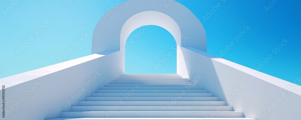 Poster White staircase leading to an arch under a clear blue sky, minimalistic architecture. Modern design concept