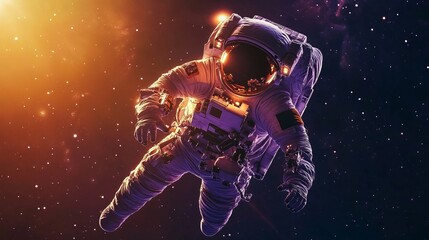 Astronaut floating in space, against a backdrop of stars.