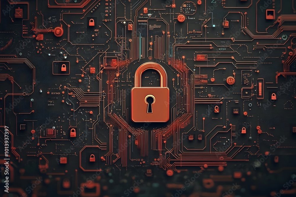 Poster encrypted digital frontier with luminescent padlock icon on virtual circuit map surreal data visuali
