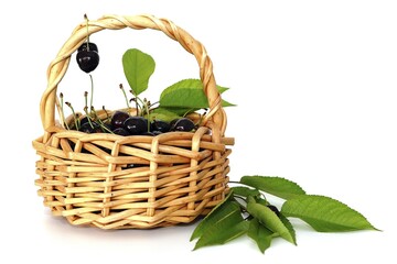 Dark red cherries with leaves in a wicker basket