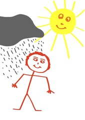 Naive illustration, children's drawing, matchstick man standing between rain cloud and sunshine, Germany, Europe