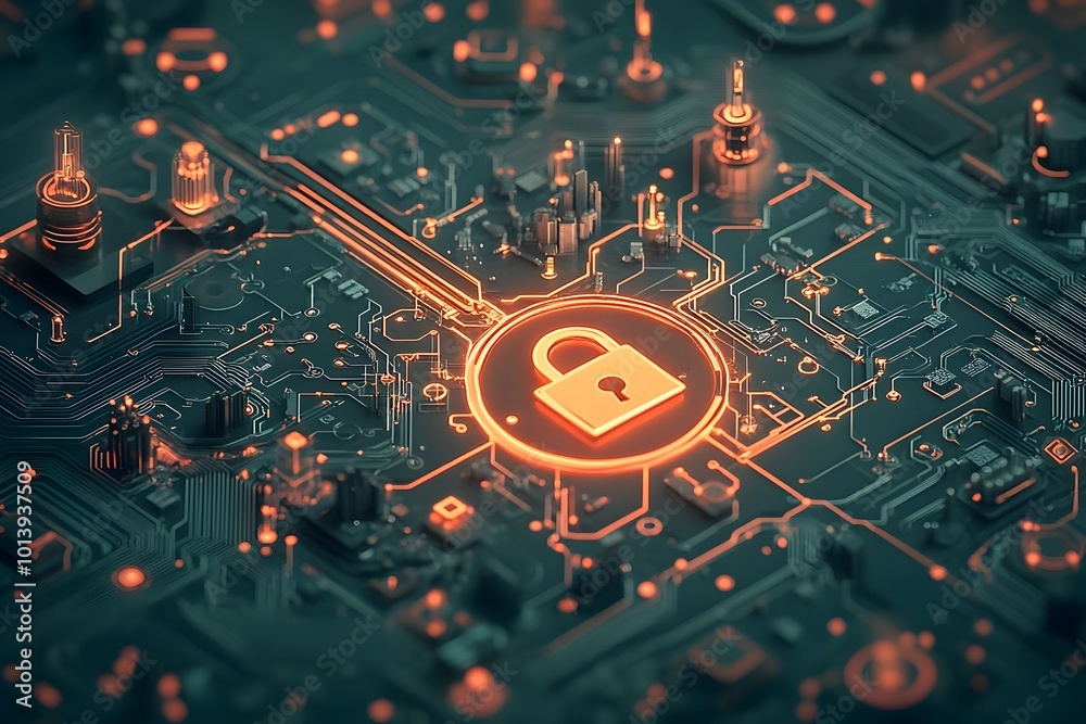 Poster encrypted digital frontier with padlock icon on virtual map and integrated circuit patterns luminesc