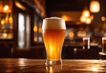close view cold beer glass overflowing refreshing foam soft focus background, amber, ale, beverage, bubbles, carbonation, chilling, clean, craft, crisp