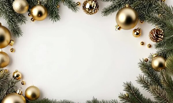 Gold Christmas Ornaments and Pine Branches on White Background