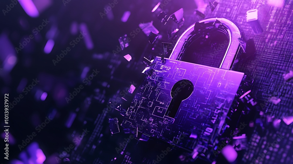 Poster a glowing purple padlock with a keyhole sits in front of a digital background made up of glowing pur