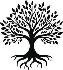 Tree and root silhouette isolated on white background. Tree and roots LOGO style.
