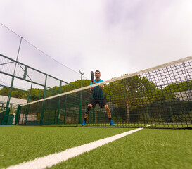 Padel tennis player with racket in hand. Social media mockup. Advertisement design. Padel events template. Open tournament.