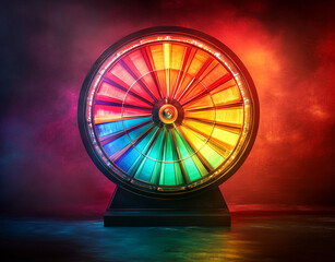 A brightly lit, colorful prize wheel stands against a dark, moody background, symbolizing chance, luck, and excitement in games.
