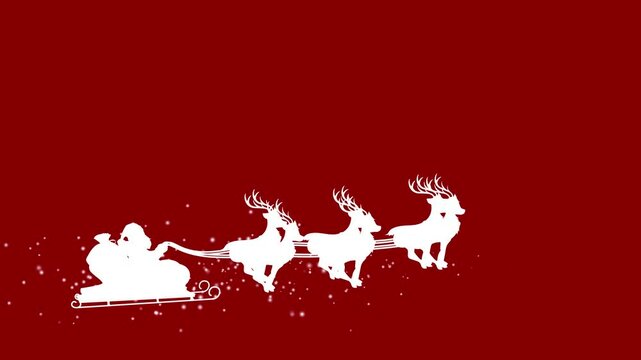 White silhouette of Santa riding his sleigh, set against a red background. Perfect for festive video projects, holiday ads, and Christmas-themed animations