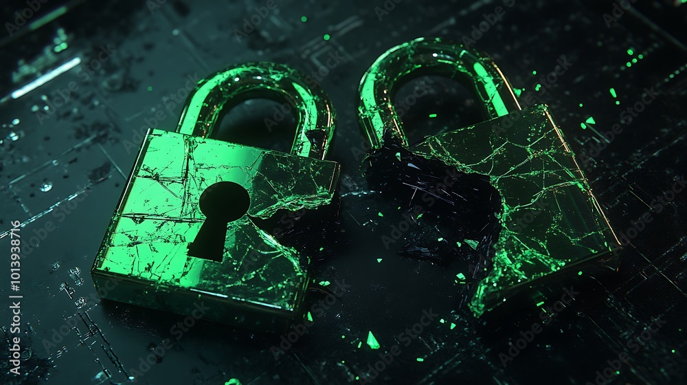 Poster two broken padlocks on a circuit board, symbolizing breached security.