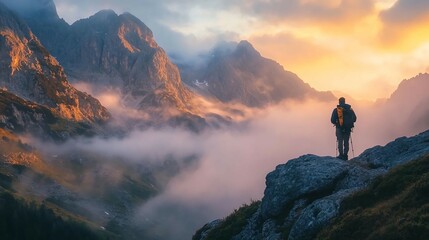 A lone hiker stands on a rocky ridge, taking in the breathtaking view of a mountain valley blanketed in mist at sunset
