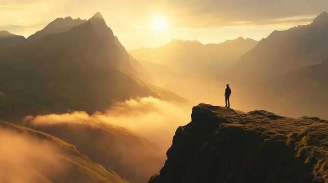 A person stands alone on the edge of a cliff, looking out at a mountain valley
