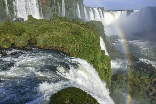 View from the waterfall Salto Santa Maria to the Garganta del diablo with rainbow, devil's throat, Iguazu Falls, Puerto Iguazu, border to Brazil, Argentina, South America