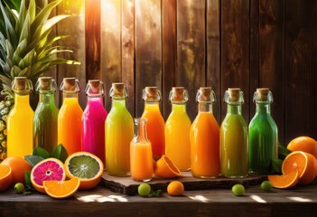 colorful collection bottles holding freshly squeezed fruit juices showcasing vibrant colors natural ingredients bright sunlight, apple, blackberry