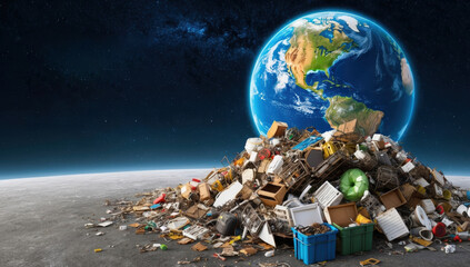 visual representation of space pollution, showing man-made debris scattered in space and other...