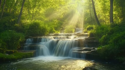 Obraz premium Sunlit Waterfall in a Lush Forest