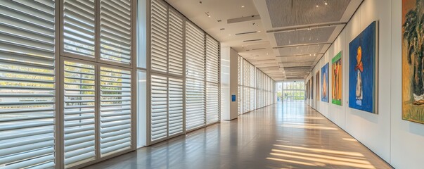 An architectural shot of a modern art gallery with exterior walls that feature adjustable louvers for controlling indoor lighting and temperature