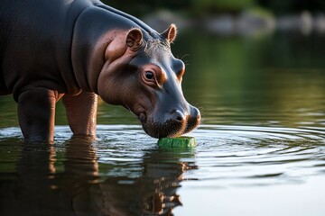 Fototapeta premium Pygmy Hippopotamus cautiously entering the water, dipping its toes in as ripples spread out from its movements