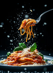 A fork twirling spaghetti with tomato sauce