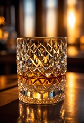 close view intricate textures patterns beautifully crafted whiskey glass highlighting crystal clarity reflective surfaces, detail, beverage, amber, design